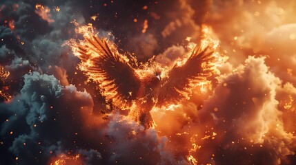 a phoenix bursting into flames as it rises from its ashes.