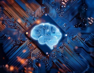 Poster - intricate circuit board with illuminated brain symbol representing artificial intelligence technolog