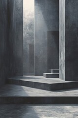 Poster - A serene abstract space with geometric stone structures, illuminated by soft beams of light through dark shadows.