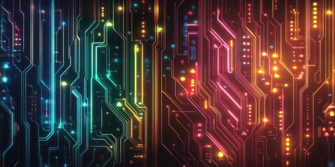 Aufkleber - Abstract Circuit Pattern Design with Colorful Neon Gradient and Glowing Effects