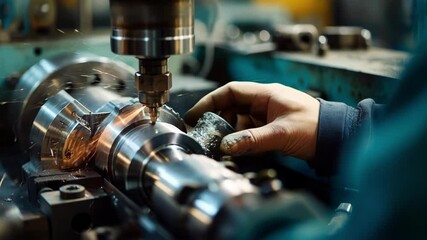 Poster - Mechanic in a blue shirt operates a milling machine, creating a metal detail while sparks fly in a bustling factory environment, showcasing precision and craftsmanship in metalworking