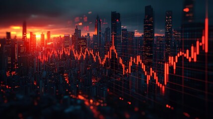 Poster - Dynamic Financial Market Trends with Rising Graph Over City Skyline at Sunset Showcasing Economic Growth and Investment Opportunities in Urban Landscape