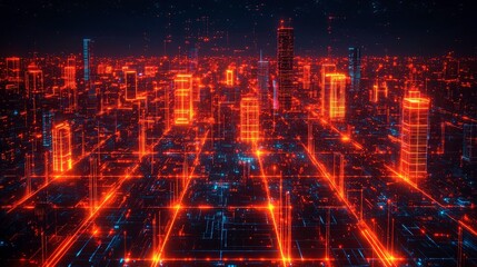 Poster - Futuristic Cityscape with Neon Lights and Digital Grid Overlay Representing Advanced Technology and Cybernetic Urban Architecture at Night