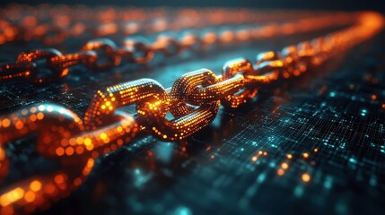 Fototapete - Glowing Digital Chains Connected in a High-Tech Environment with Futuristic Data Representation and Abstract Light Effects in a Dark Setting