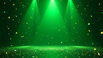 green confetti rain on festive stage with light beam in the middle, empty room at night, mockup with