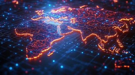 Fototapete - Stunning Futuristic Digital World Map with Bright Blue and Orange Lights Highlighting Major Cities and Geographic Features on a Dark Background