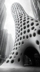 Poster - Abstract architectural structure with perforated design in urban setting.