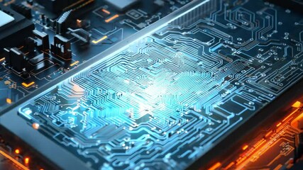 Poster - Circuit Board Innovation: Close-up view of a technologically advanced circuit board with glowing blue circuitry, symbolizing innovation, technology, and progress.  