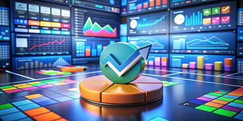 Poster - 3D Illustration of Business Pie Chart with Check Mark Interface for Profit Analysis on a Dashboard, Showcasing Confirmation Metrics and Insights for Corporate Strategy