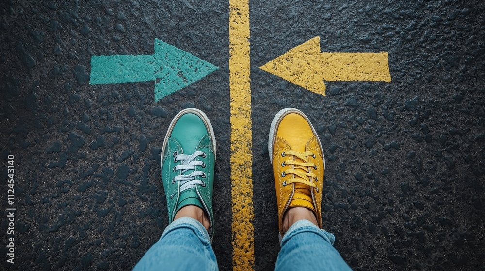 Top view of a female feet in shoes standing on asphalt with two arrows