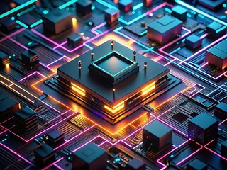 Poster - Abstract 3D Black Microcircuit with Neon Lights - Close-Up 4K Render Animation Background Footage for Urban Exploration Photography Enthusiasts