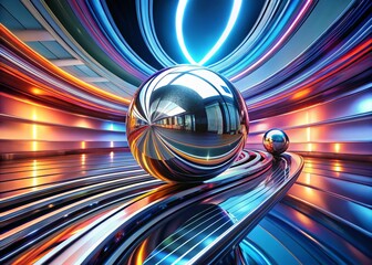 Poster - Abstract 3D Chrome Metal Ball Travelling Down a Looping Track in a Futuristic Environment with Reflections and Dynamic Motion Effects