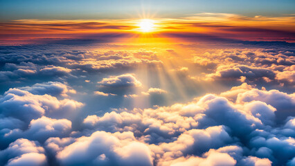 Poster - A breathtaking view from above the clouds during sunrise, with sunlight breaking through and illuminating the sky, creating a tranquil and serene atmosphere for travel and inspiration.