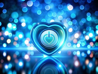 Poster - Abstract Blue Heart Shape in Power Button with Bokeh Effect for Digital Connection and Love Symbolism in Technology Settings – Perfect for Modern Design Projects and Websites
