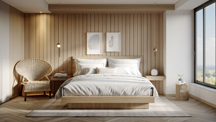Poster - A modern bedroom featuring a cozy bed with light-colored linens, wooden accents, and large windows, creating a stylish and inviting atmosphere for interior design.