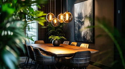 Poster - A stylish dining area featuring a wooden table, elegant lighting fixtures, and lush greenery, designed for a modern and inviting atmosphere in interior design.