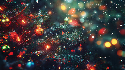Poster - A close-up of a beautifully decorated Christmas tree with colorful lights and ornaments, set against a shimmering background, creating a festive holiday atmosphere.