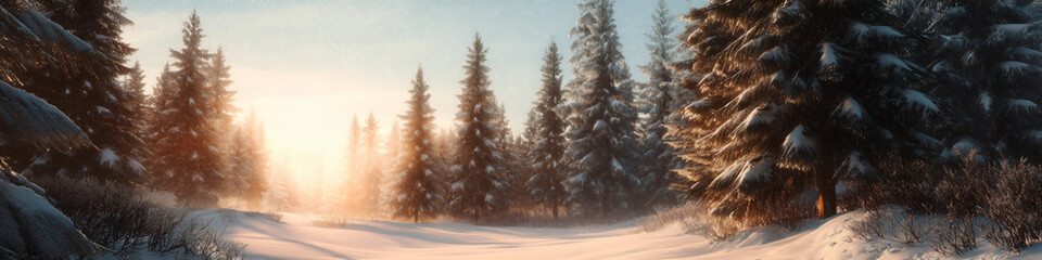 Poster - A winter pathway through a snow-covered forest illuminated by soft sunlight, creating a magical winter scene for nature and outdoor enthusiasts.
