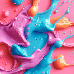 Fototapete - Abstraction with soft, flowing lines in pinks, blues and oranges. Drops and splashes add dynamism, and the harmonious combination of colors creates an effect of lightness and depth