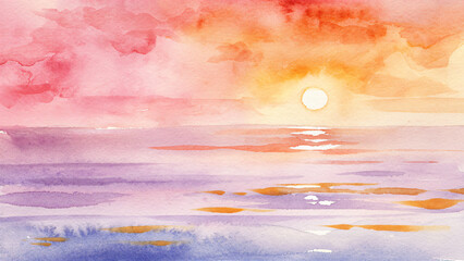 Poster - A watercolor painting of a sunset over the ocean, featuring vibrant hues of pink, orange, and purple, capturing the beauty of twilight for artistic expressions.