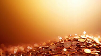 Poster - Decorations for Spring Festival concept. A shimmering pile of coins glimmers against a warm golden background, creating a rich and inviting atmosphere.
