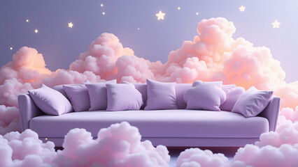 Poster - A serene setting featuring a plush lavender couch amid fluffy pink clouds and twinkling stars, creating a soft and inviting atmosphere for interior design.