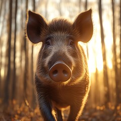 Close-up of a wild boar in a forest at sunset.