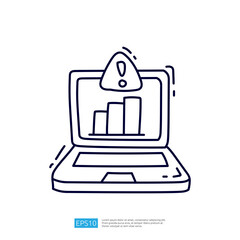 Poster - A simple line drawing of a laptop displaying a warning symbol and a bar graph, symbolizing alerts or issues related to data analysis or performance metrics.