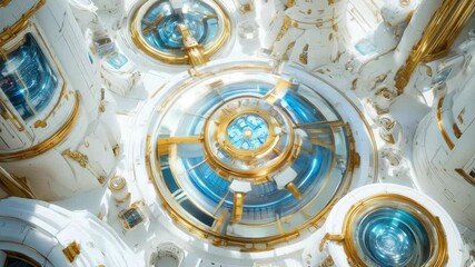 Aufkleber - top-down view of a futuristic space station interior, white and blue with gold accents, with a sci-f