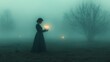 © Юлия Дубина - Mysterious woman holding candles in foggy forest during twilight