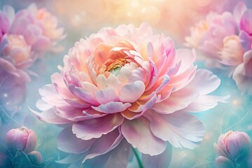 Poster - Abstract Double Exposure of a Pink Peony Flower Blending with Soft Pastel Hues for a Unique Floral Artistic Background