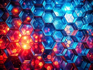 Poster - Abstract Double Exposure of Glowing Red and Blue Hexagonal Patterns Creating a Mesmerizing Visual Experience for Modern Art and Design Concepts