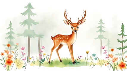Naklejka na meble Watercolor woodland border baby animals forest summer landscape deer fawn illustration baby shower design kids wall art, hand painted, kids print