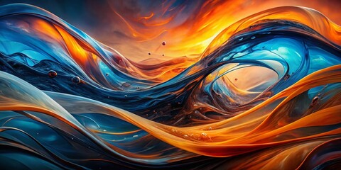 Poster - Abstract Double Exposure Photography Featuring a Fusion of Curved Lines and Shapes in a Striking Blue, Orange, and Black Color Palette for Artistic Expression