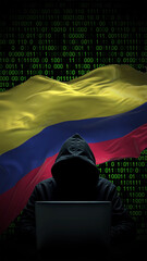colombia flag - 3d realistic waving flag on matrix digital background with binary code