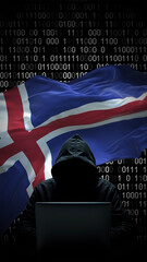 iceland flag - 3d realistic waving flag on matrix digital background with binary code