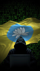 kalmykia flag - 3d realistic waving flag on matrix digital background with binary code
