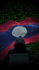 laos flag - 3d realistic waving flag on matrix digital background with binary code