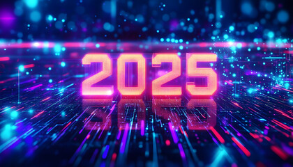 Poster - 2025: Digital Horizon: A futuristic, abstract composition with the year 2025 rendered in luminous, shimmering 3D text, set against a backdrop of glowing digital particles and abstract lines.
