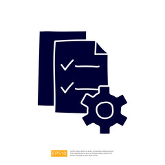 Poster - The image features a stack of documents with checkmarks and a gear, symbolizing organization, planning, and technical processes.