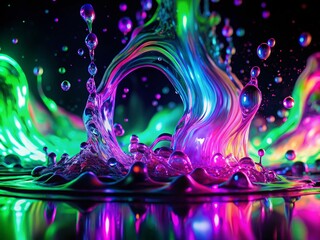 Poster - Abstract Fluid Stain of Neon Green, Purple, and Pink on Black Background, Capturing the Essence of Glitch Art and Metaverse Aesthetics in a Trippy Digital Wallpaper Design