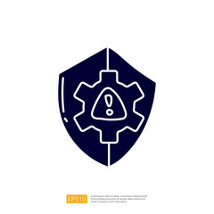 Poster - The image depicts a shield with a gear and an exclamation mark, symbolizing security and caution in technology or industry.