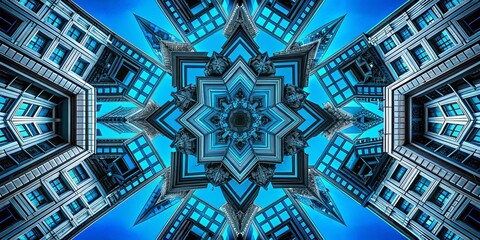 Poster - Abstract Fractal Geometric Shapes in Black Against a Striking Blue Background, Perfect for Architectural Photography and Modern Design Inspiration