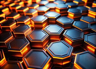 Poster - Abstract Futuristic Hexagonal Tiles With Glowing Orange Lines in a Dark Background Creating a High-Tech Atmosphere for Digital Art and Design Projects