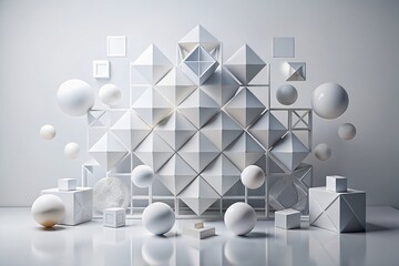 Poster - Abstract Geometric Shapes on a Minimalist White Background in 3D Render with Perfect Symmetry, Ideal for Modern Art and Contemporary Design Projects, Evoking Calmness and Clarity