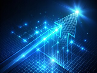 Poster - Abstract Glowing Blue Arrow with Illuminated Lines and Grid on a Deep Blue Background in Low Light, Perfect for Modern Design and Technology Themes