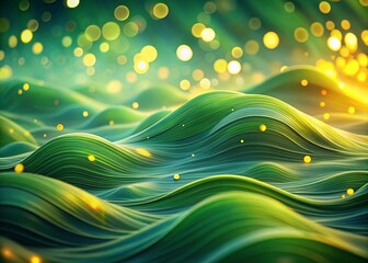 Poster - Abstract green waves flowing gracefully with vibrant yellow dots, creating a mesmerizing visual experience, perfect for backgrounds or artistic concepts showcasing fluid movement and color harmony.
