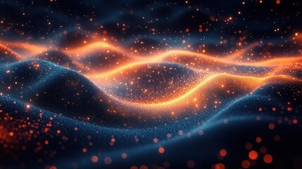 Poster - Vibrant Abstract Digital Wave Background with Glowing Particles and Dramatic Backlighting for Technology and Education