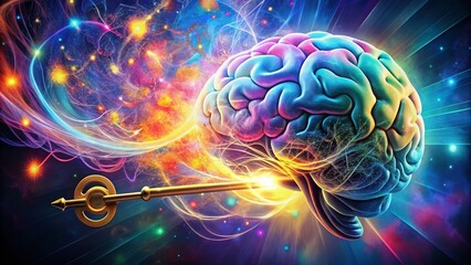 Poster - abstract illustration of brain activity representing thinking and imagination as keys to success, fe