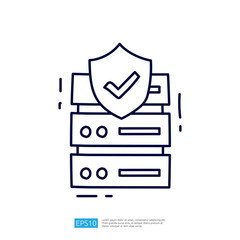 Poster - A simple illustration of three server racks with a shield featuring a check mark, symbolizing data security and protection.